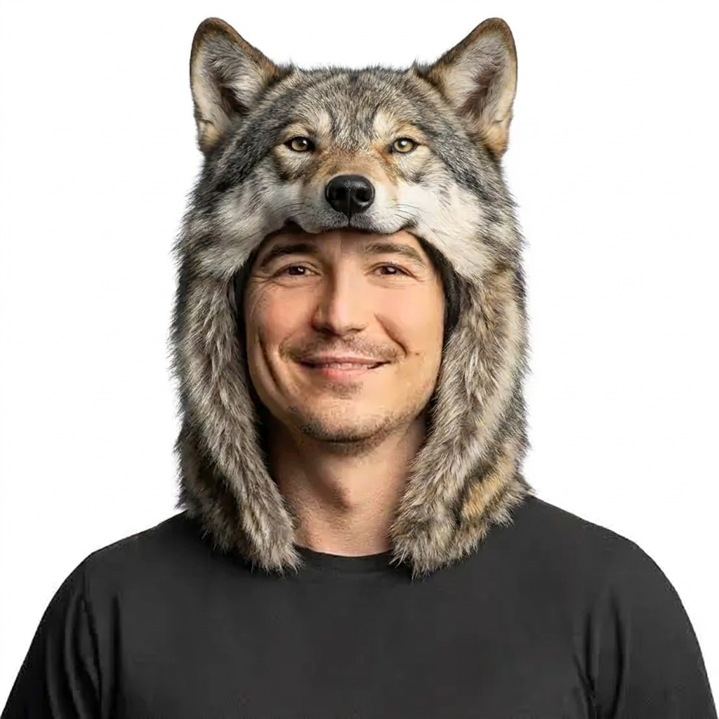 The honorary alpha wearing a realistic wolf-head fur hood