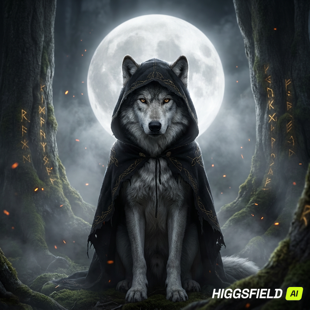 A cloaked wolf spirit beneath a full moon, surrounded by glowing ancient runes