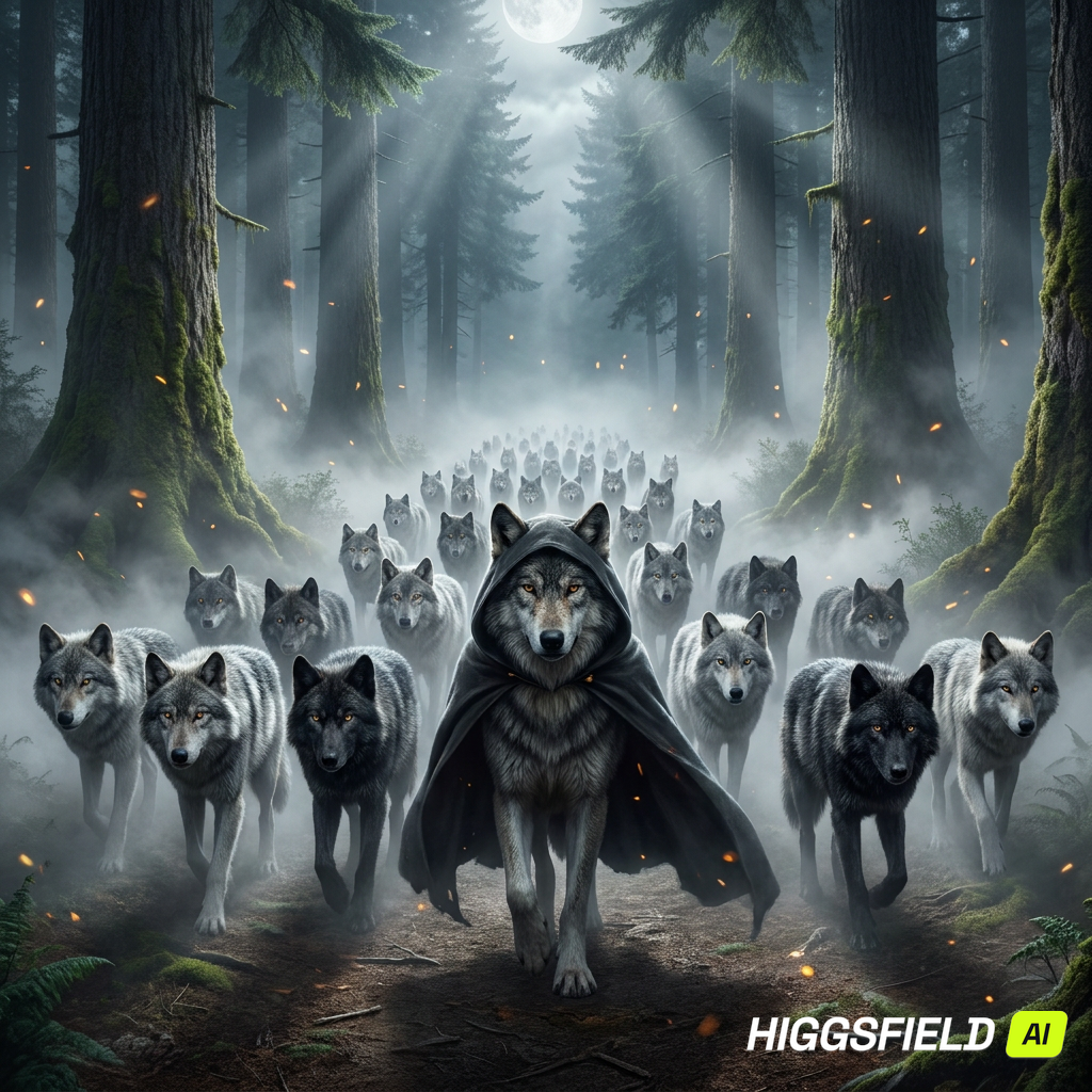 The Hooded Wolf leading its pack through a moonlit misty forest